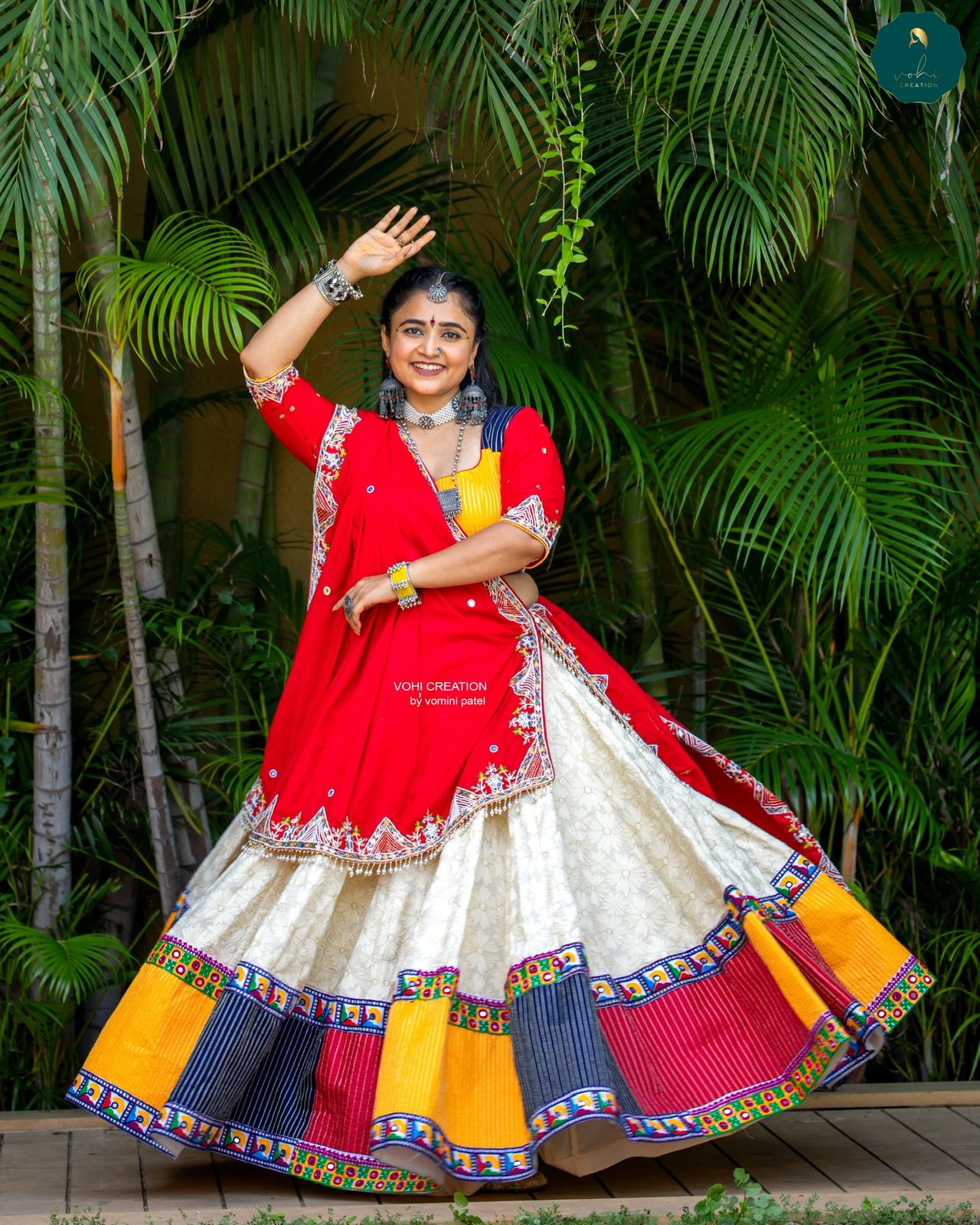 Floral Print Chaniya with Multicoloured Border & Hand-Worked Bombay Silk Dupatta | 12-Metre Elegant Flare