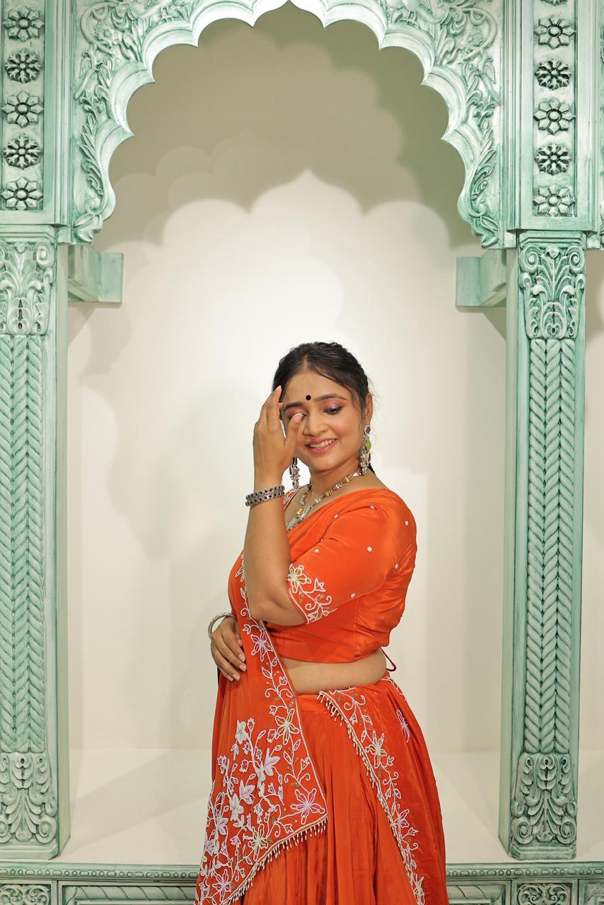 Orange Italian Crepe Lehenga with Moti Hand Work | 12-Metre Flowy Flare