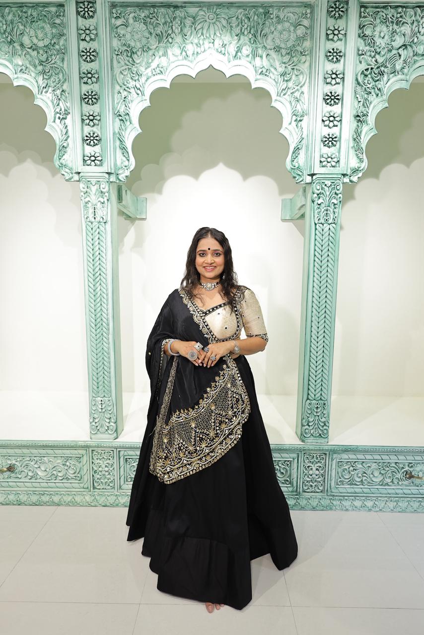 Italian Crepe Lehenga with Off-White Banarasi Silk Blouse & Hand Work | 12-Metre Royal Flare