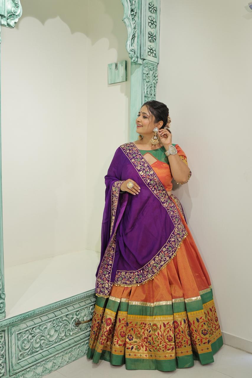 Rust Orange Tissue Lehenga with Elegant Thread Work | Festive Ethnic Wear