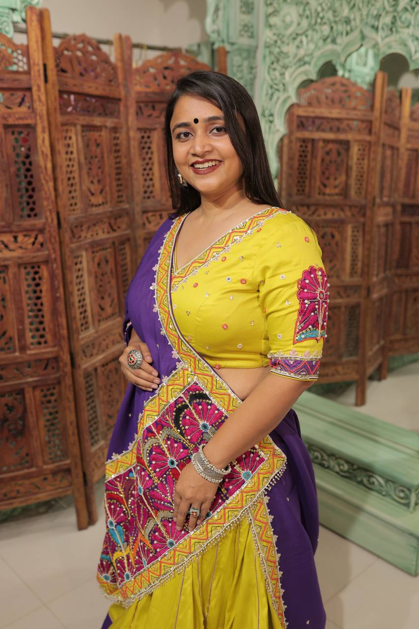 Mustard Purple Silk Lehenga - Image 4