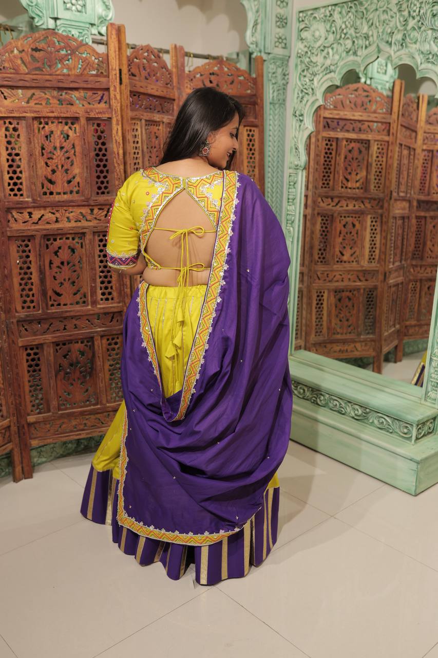 Mustard Purple Silk Lehenga - Image 3