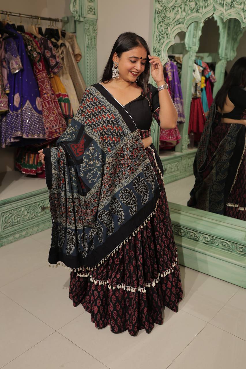Black Printed Cotton Lehenga